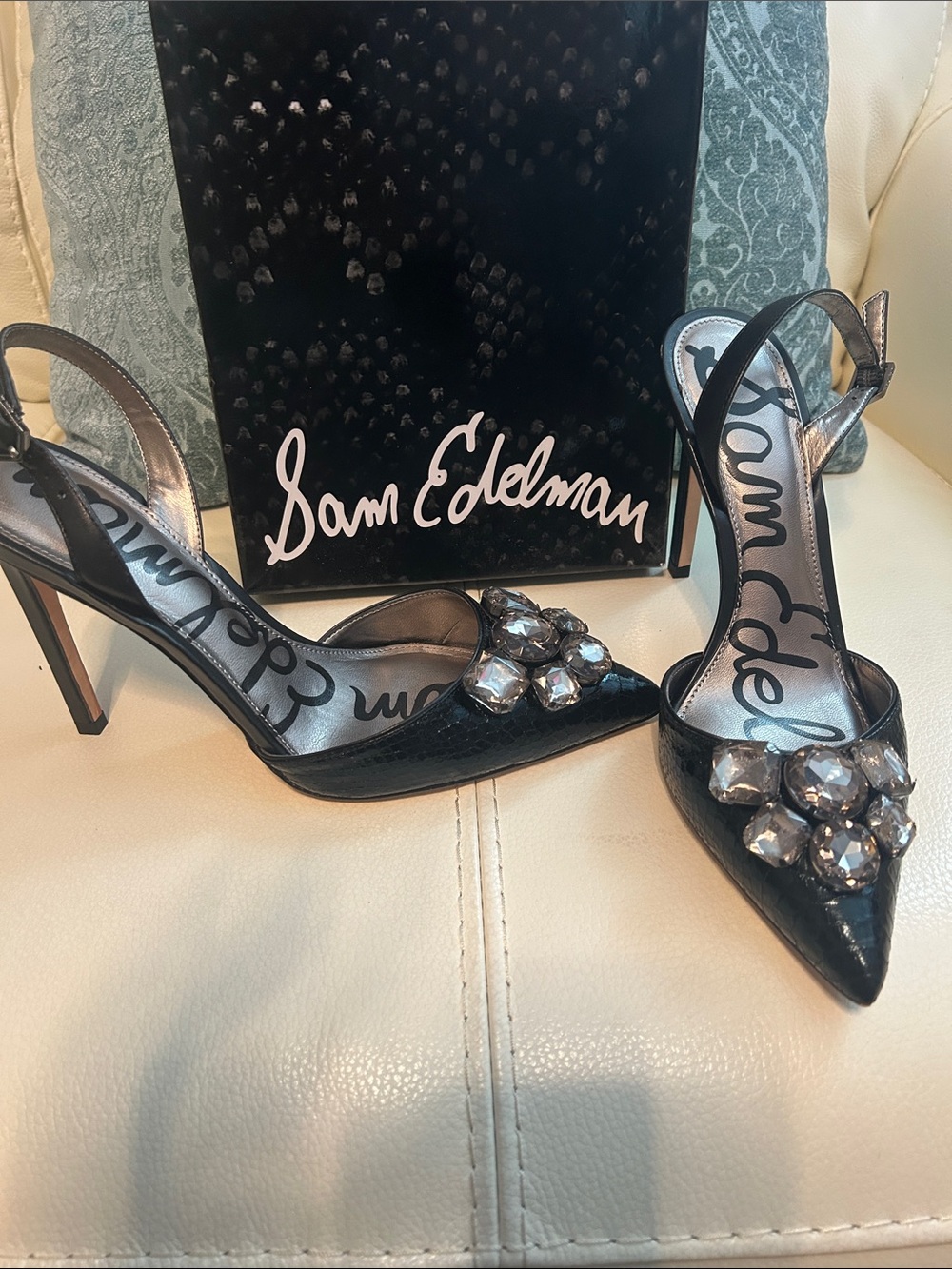Sam Edelman Black Jeweled Pointed Toe Slingback Heels